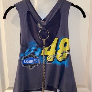 Blue race car semi cropped tank top.